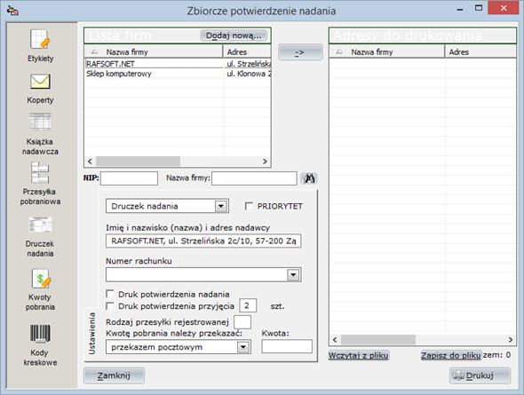 Druki pocztowe - Druczek nadania - Fakturowanie
