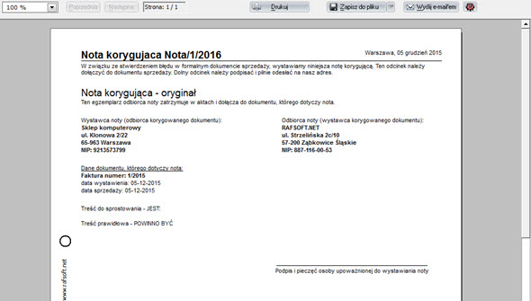 Druki firmowe - Nota korygująca - Faktury vat oprogramowanie