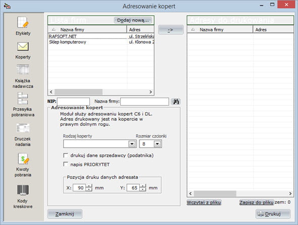 Druki pocztowe - Adresowanie kopert - System do wystawiania faktur