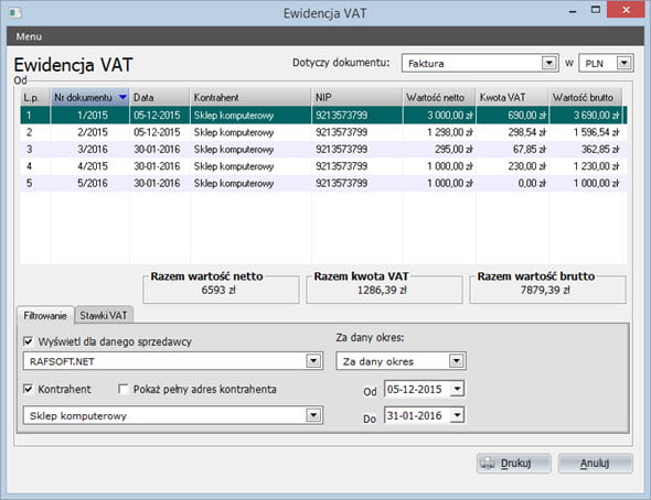 Drukowanie ewidencji VAT - Program do faktury