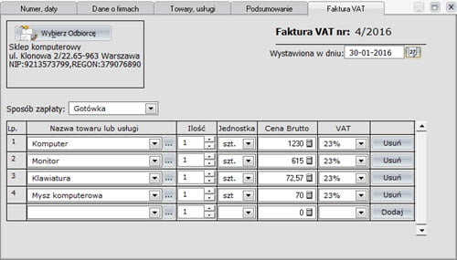 Faktury - Dokument - Tworzenie nowego dokumentu sprzedaży - formatki - Program do faktur offline