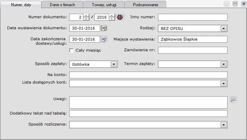 Faktury - Dokument - Nowy dokument zakupu - formatki - Program do pisania faktur