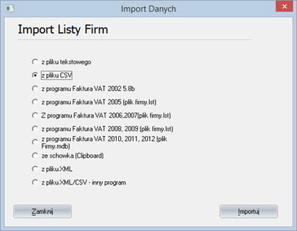 Import, eksport danych - Program do fv