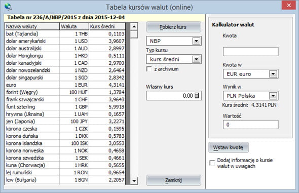 Kursy walut - Program do faktur vat