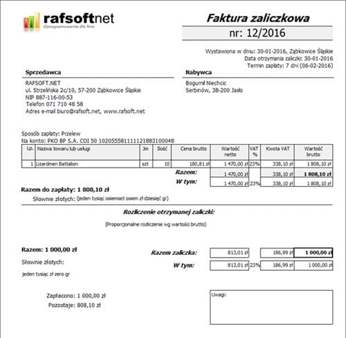 Creating an advance and final invoice - VAT invoice