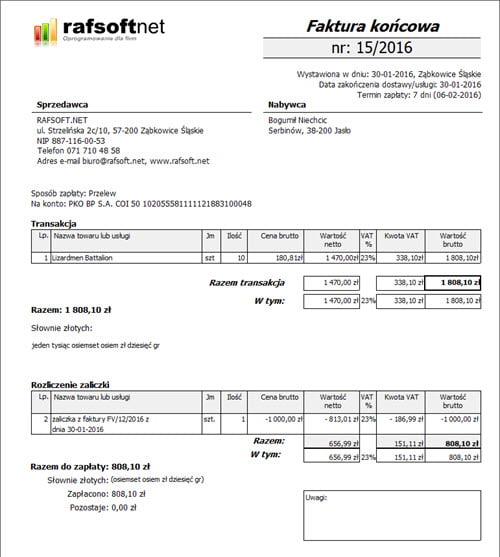 Creating an advance and final invoice - Invoices program