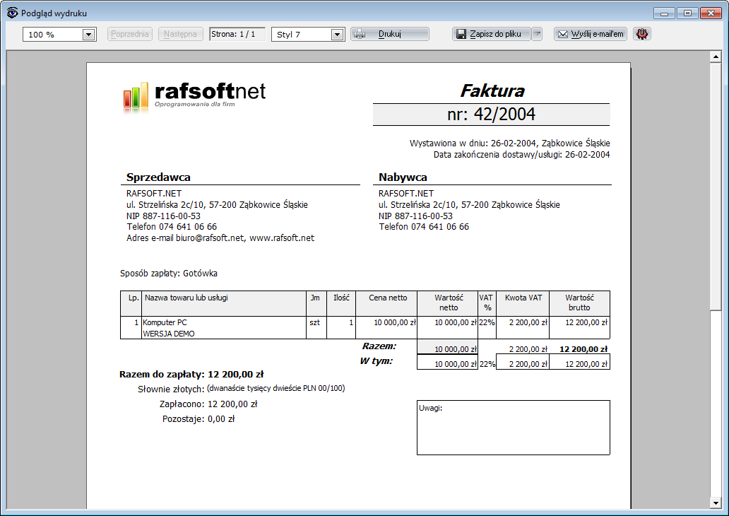 Faktura z programu do fakturowania