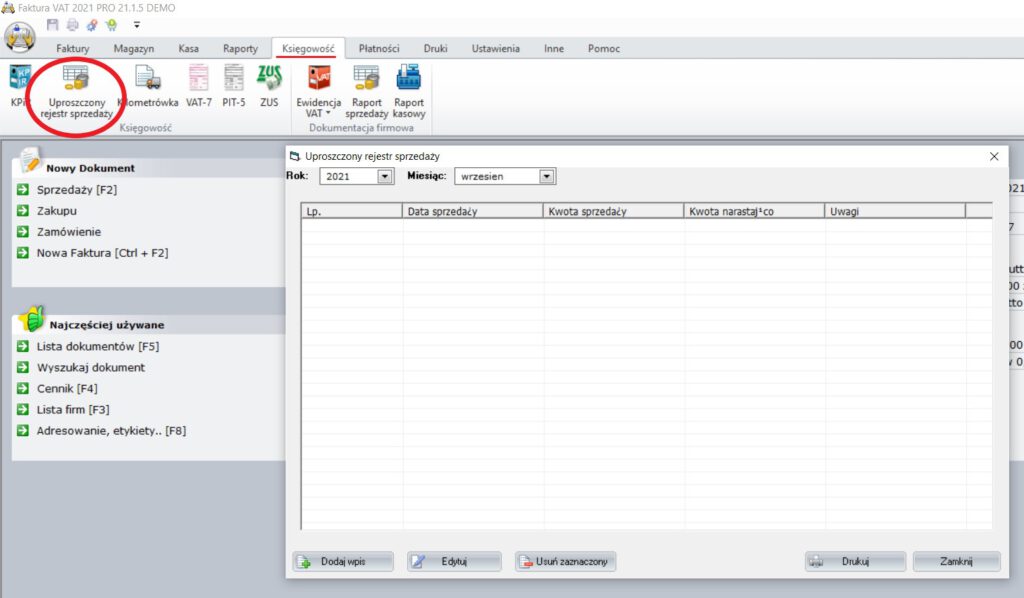 Ewidencja sprzedaży bezrachunkowej w programie Faktura VAT 2021